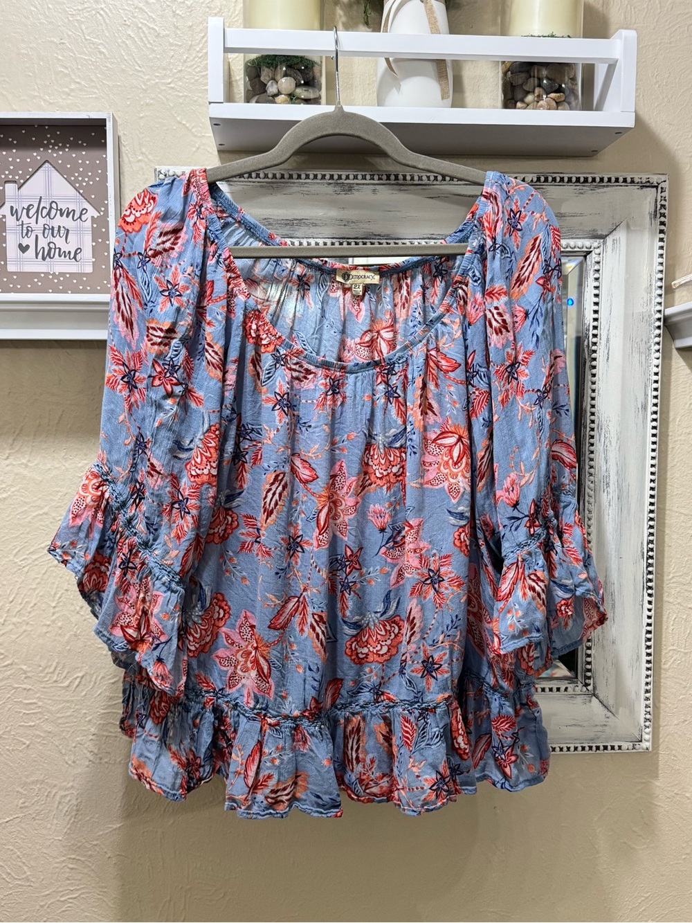 Democracy Boho Floral Ruffle Peasant Top - Light Blue with Coral Print 2X